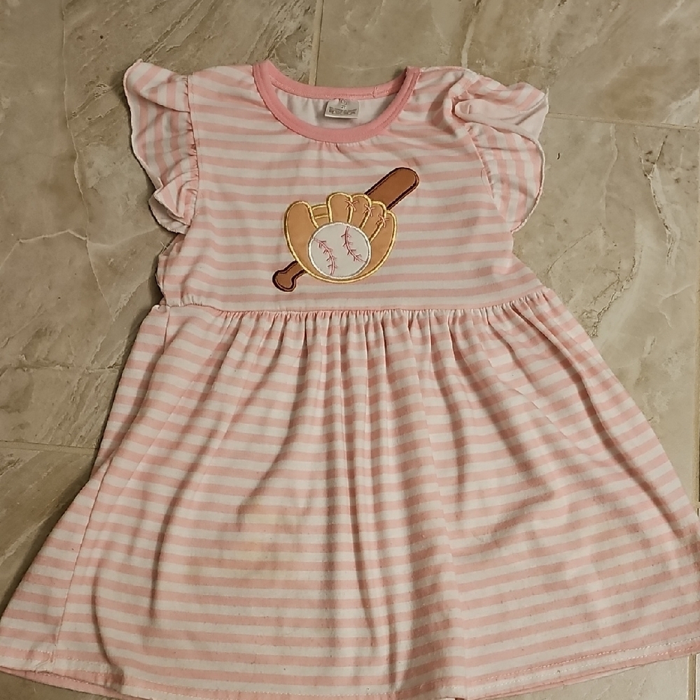 Pink Striped Kids Dress with Baseball Design